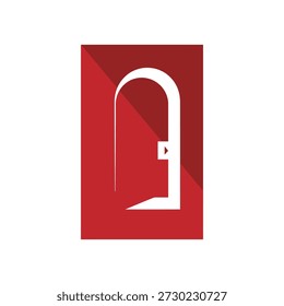 Red square icon with white open door and keyhole simple graphic symbol icon