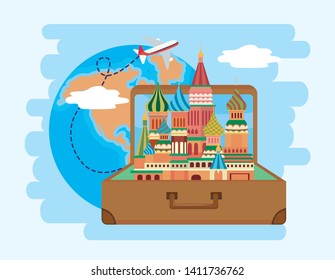 red square inside baggage with global map and airplane