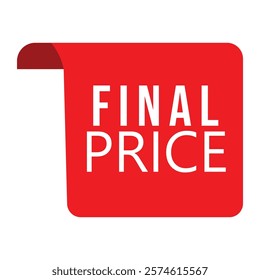 Red square label, "FINAL PRICE" text, white typography, bold lettering, retail signage, sale banner, price tag design, minimalist graphic, folded corner, vibrant red background.