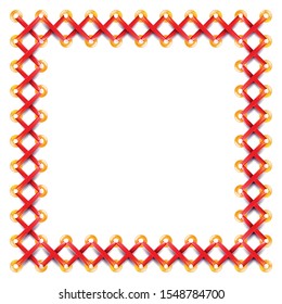 Red Square Lace Frame with silk fabric swirls. Strip, Corset lacing weaving ribbons border with place for title, text. Background for wedding, baby shower invitation, greeting card. Isolated Vector