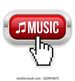 Red Square Music Button With Metallic Border On White Background