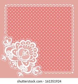 The red square napkin. White lace, floral pattern.