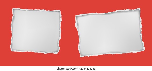 Red square, oblong hole composition in paper with torn edges and soft shadow is on white squared background. Vector illustration