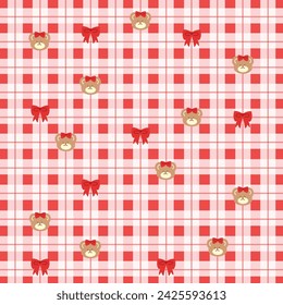 Red square plaid with bear and red ribbon pattern for background, wallpaper, backdrop, ad template, fabric print, banner, gift wrap, packaging, duvet, textile, shirt, clothing, garment, kid pattern