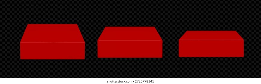 Red square podium with vibrant 3d cube platform for valentine product display. Premium pedestal stand on transparent background with bright block base. Vector isolated mockup for holiday showcase.