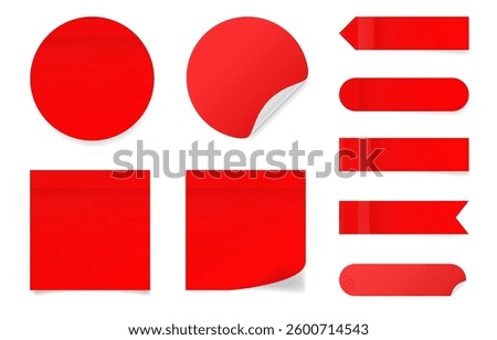 Red square and round paper stickers. Stick in notes.  Post it notes. Sheets of paper. Tag, sticky note. Pointed bookmarks