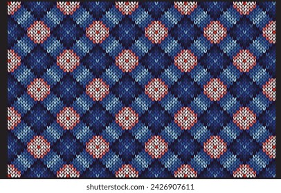 Red square shape to be continued net pattern on blue background.Flower shape.Modern pattern.Trendy.Seamless line. Blue square.Gradient.Design for skirt.Scarf.Clothes.Printing.All knitting work.