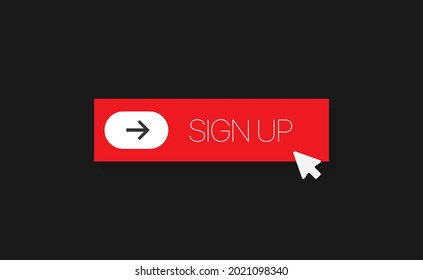 Red square shape sign up button with grey arrow pointer for web and social networks on black background