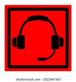 Red square sign, black headphones with microphone on red background, vector