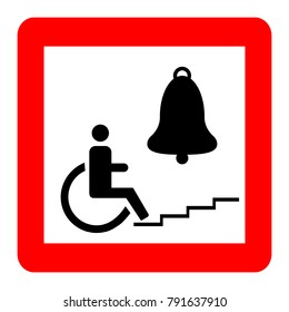 Red square sign, handicapped in front of stairs, and bell on white background, vector