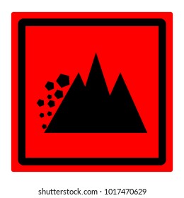 Red square sign, mountains and rock fall, black on red background, vector