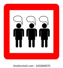 Red square sign, people with blank speech bubbles black on white background, vector