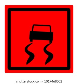Red square sign, slippery road, black on red background, vector