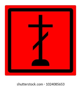 Red square sign, tombstone cross, black on red background, vector