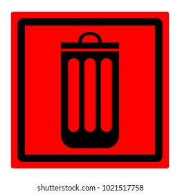 Red square sign, trash can, black on red background, vector