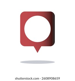 A red, square speech bubble icon with a rounded central cut-out and a pointed tail, positioned above a light gray oval shadow on a white background