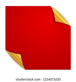Red square sticker isolated. Vector illustration. Paper label with gold corners.
