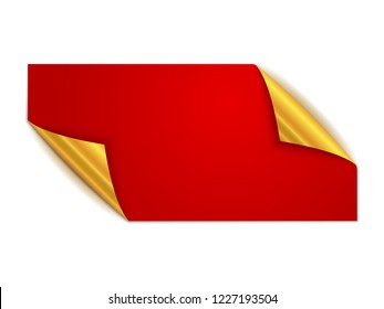 Red square sticker isolated. Vector illustration. Paper label with gold corners.