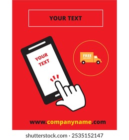 Red square template banner with a smartphone, a hand touching the screen, a free delivery truck and copy space 