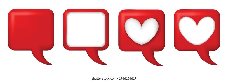Red square text box. Red square speech balloon, speech bubble. white empty space for text is a square frame and heart frame. Icon isolated. For infographic dialog talk, banner, and more.