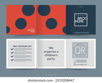 Red square trifold brochure. Postcard for kids. Flyer for a children's event agency. Vector illustration