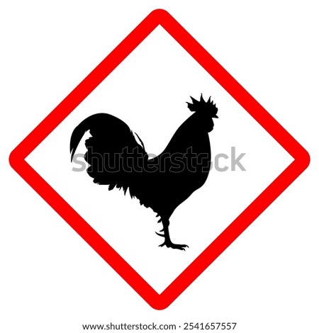 Red Square Warning Sticker Template with Rooster Icon, Simple Red and Black Design, Vector Graphic Illustration Isolated on White Background, Editable EPS File for Signage