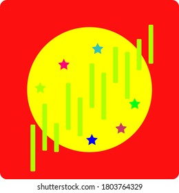 red square with yellow circle and multicolored stars and green pillars