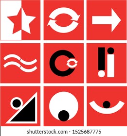 In red squares, arrows symbols star black and white circles and arcs.