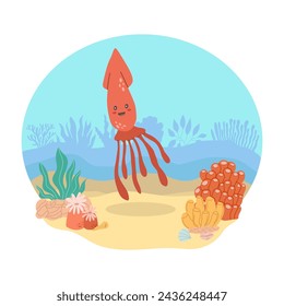 Red Squid sea animal against the backdrop of a sea or ocean landscape. Vector illustration
