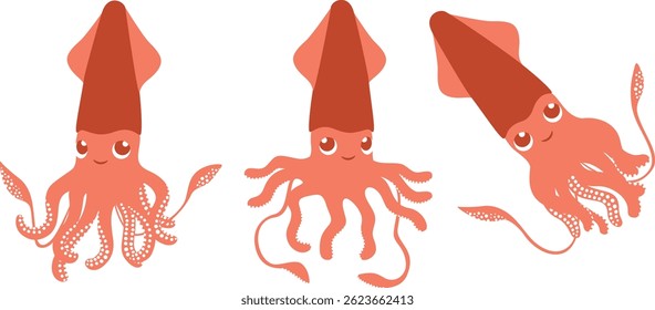 Red Squid swimming Illustration Set