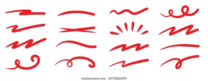 Red squiggle brush scribble underline. Marker pen emphasis highlight red swoosh stroke. Vector swoosh brush underline set for accent, marker emphasis squiggle element. Vector illustration
