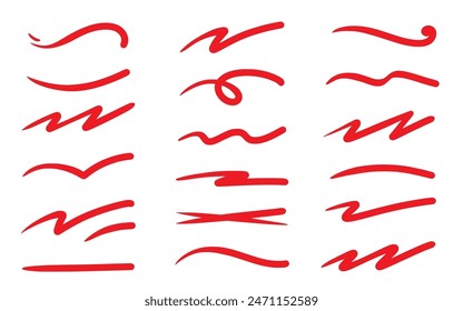 Red squiggle brush scribble underline. Marker pen emphasis highlight red swoosh stroke. Vector swoosh brush underline set for accent, marker emphasis squiggle element. Vector illustration