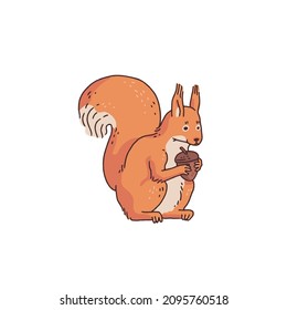 Red squirrel with acorn. Cartoon outline sketch illustration of cute animal character.