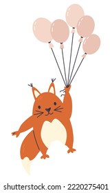 Red squirrel baby animal flying with balloons. Fluffy rodent cartoon character. Nordic childish graphic print design. Funny wild creature. Nursery hand drawn flat vector illustration isolated on white