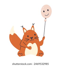 Red squirrel baby animal holding with balloon. Fluffy rodent cartoon character sitting. Nordic childish graphic print design. Nursery creature hand drawn flat vector illustration isolated on white