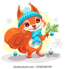 Red squirrel in blue hat holding christmas tree branch with ball decoration. Vector cartoon illustration isolated on white