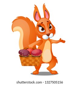 Red squirrel carries a wicker basket filled with mushrooms isolated on white background. Vector cartoon close-up illustration.