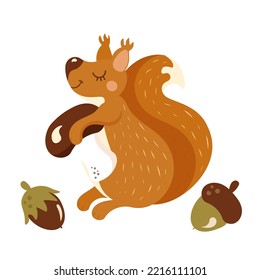 A red squirrel character with a mushroom, a nut and an acorn, a funny autumn-season illustration of a  forest animal