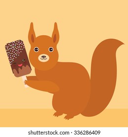 red squirrel with chocolate ice cream, ice lolly Kawaii with pink cheeks and winking eyes, pastel colors on light orange golden background. Vector