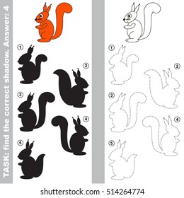 Red squirrel with different shadows to find the correct one, the easy educational kid gaming with simple game level, the funny educational matching game for preschool children.