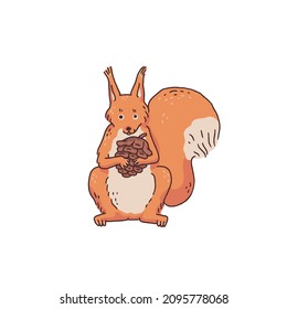 Red squirrel with fir cone. Cartoon outline sketch illustration of cute animal character.