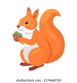 Red squirrel. Fluffy cartoon animal with furry tail holding nut, jumping, moving. Flat vector illustrations for wildlife, mammals, forest fauna