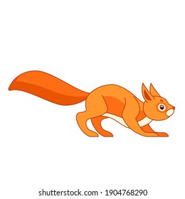The red squirrel was frightened. Cartoon character of a mammalian rodent. A wild forest creature with orange fur. Side view. Vector flat illustration isolated on a white background.