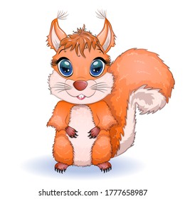 Red squirrel, front view of Sciurus Vulgaris, isolated on white background