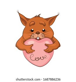 Red squirrel with a heart in its paws. Cute animals. Cartoon. Vector illustration Design element for sticker, flyer, print for t-shirts.