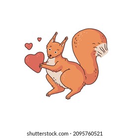 Red squirrel with hearts. Cartoon outline sketch illustration of cute animal character.