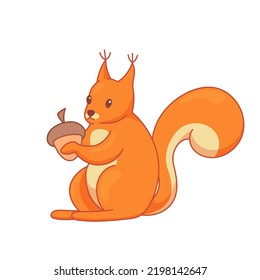 Red squirrel holds an acorn. Fluffy animal. Autumn illustration in cartoon style. Vector art isolated on white background.