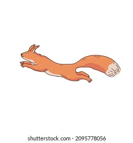Red squirrel jump. Cartoon outline sketch illustration of cute animal character.