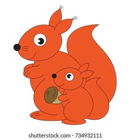 Red Squirrel Mother and Child cartoon. Outlined illustration with thin line black stroke