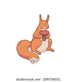 Red squirrel with mushroom. Cartoon outline sketch illustration of cute animal character.
